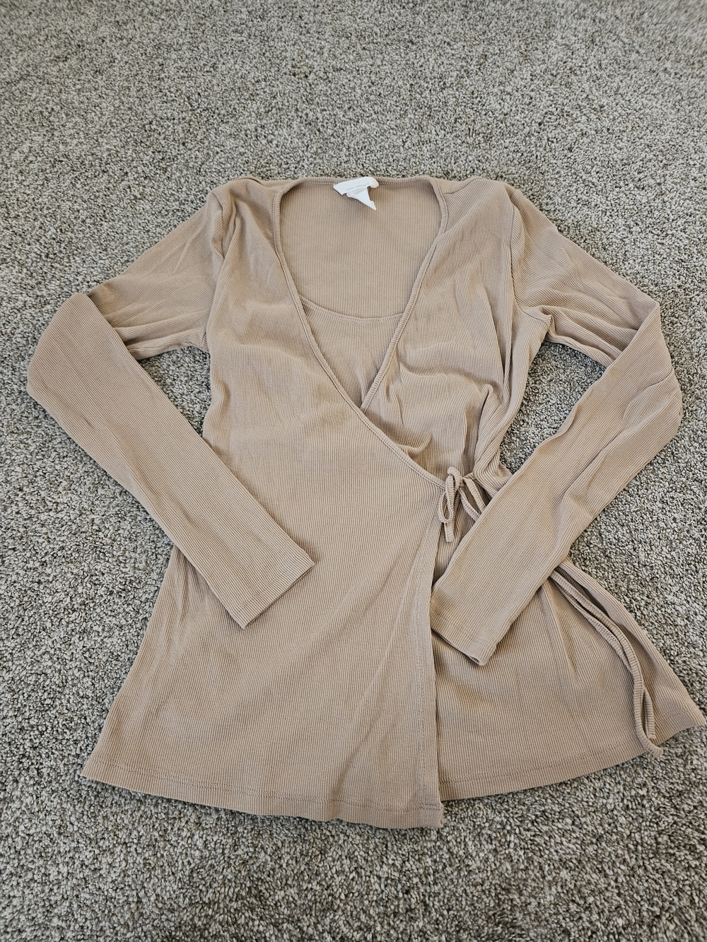 H&M Wrap Front Long Sleeve Maternity Ribbed Scoop Neck Top in Taupe